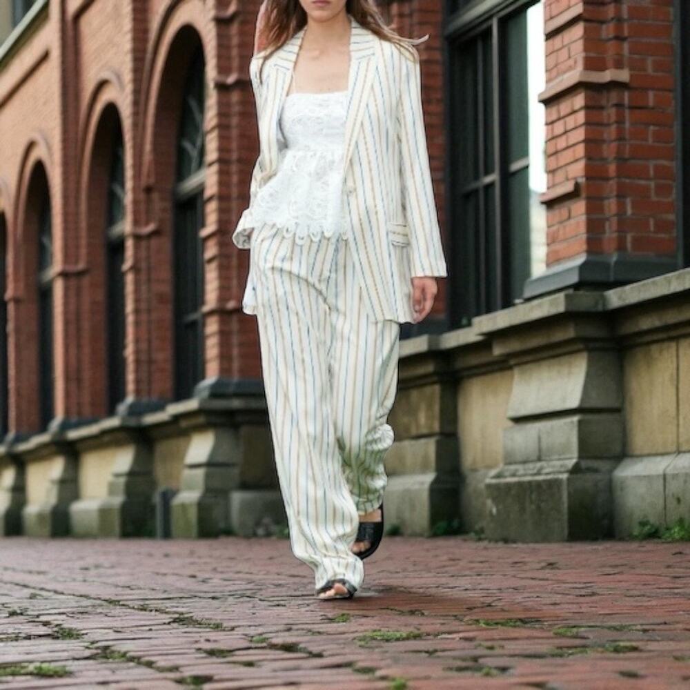 Munthe White Pin Stripe Blazer‎ Size 14 New Copenhagen Preppy Boyfriend $400